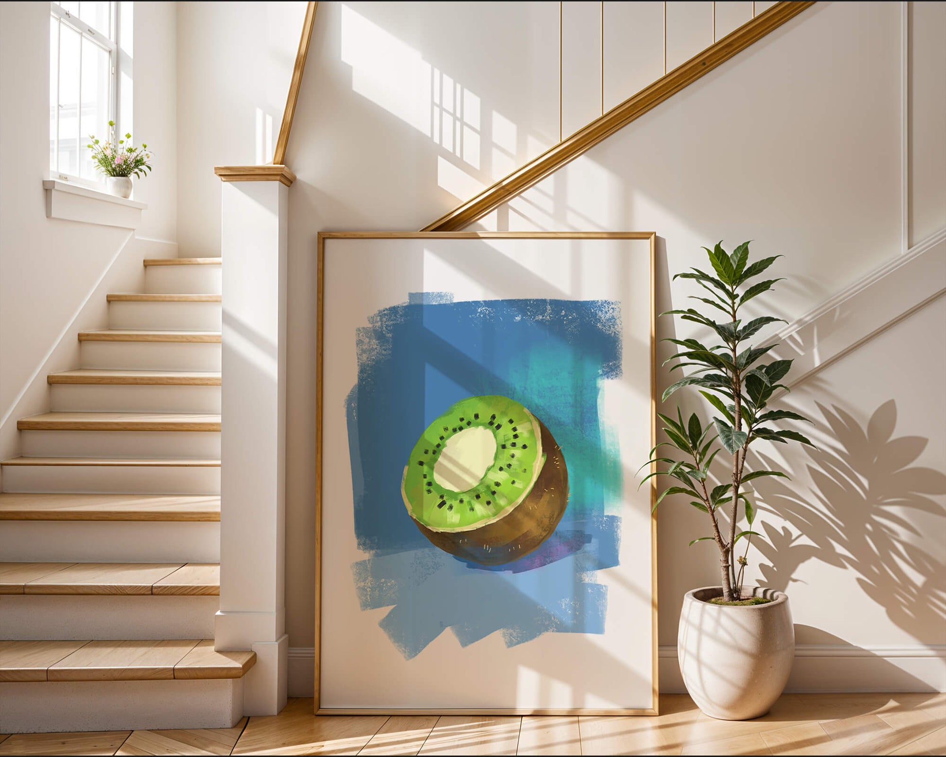 Illustration of a kiwi with a textured blue background