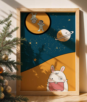 Playful Cartoon of Astronauts and Rabbit with Planet and Stars - Mi tienda
