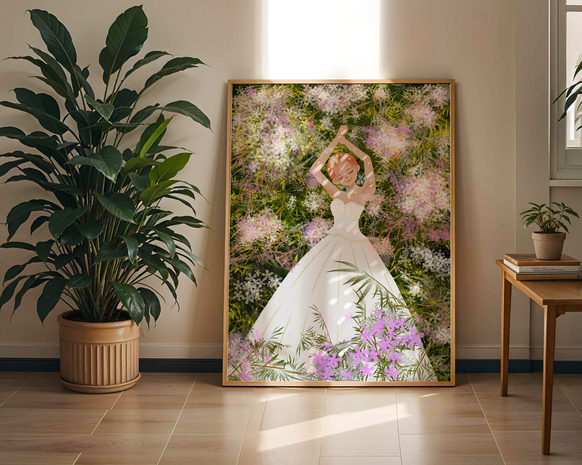 Woman in white dress lying among flowers in a garden