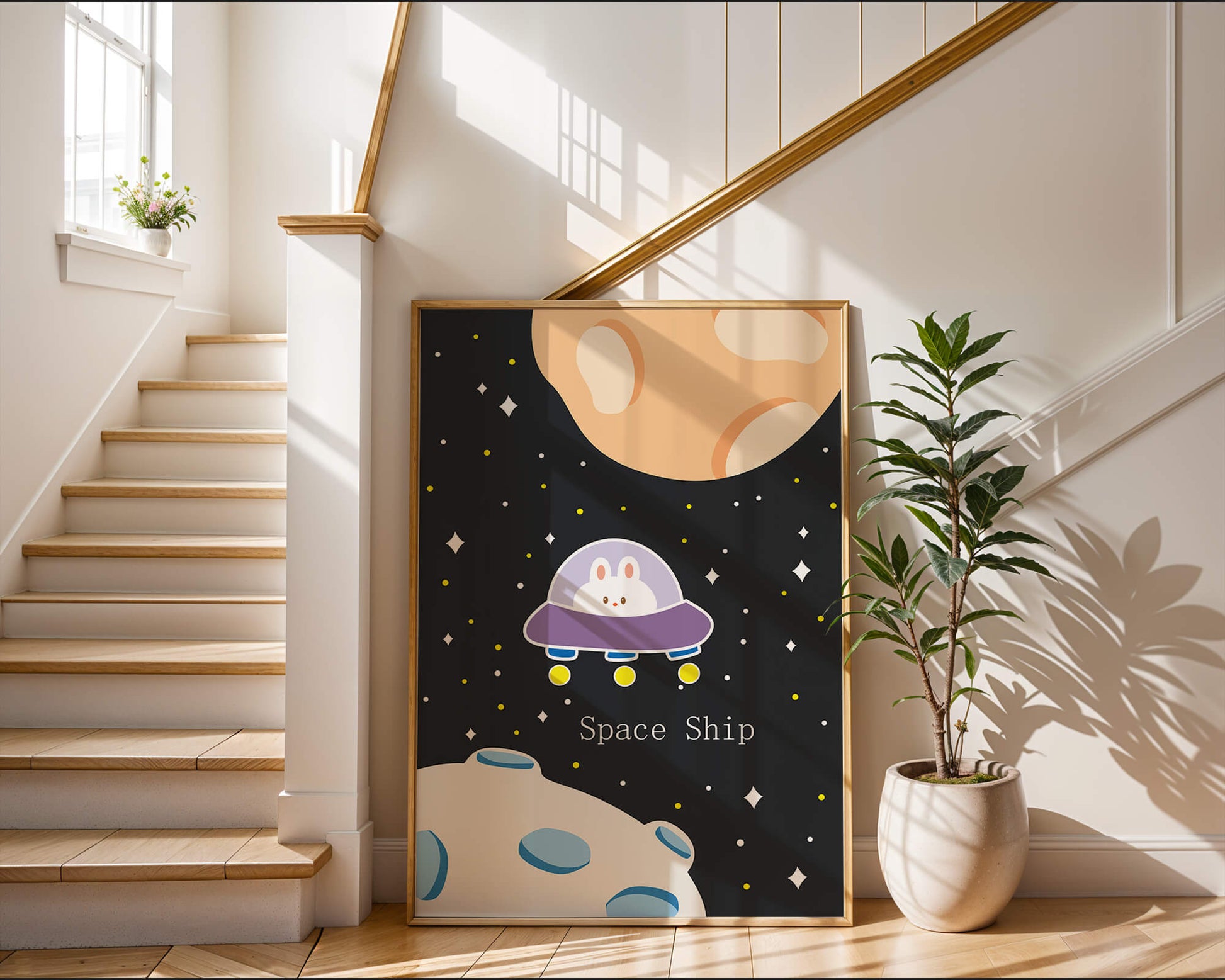 Cute bunny in spaceship with planets and stars in space illustration