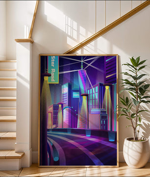 Futuristic Neon Cityscape with Illuminated Skyscrapers and Curved Road