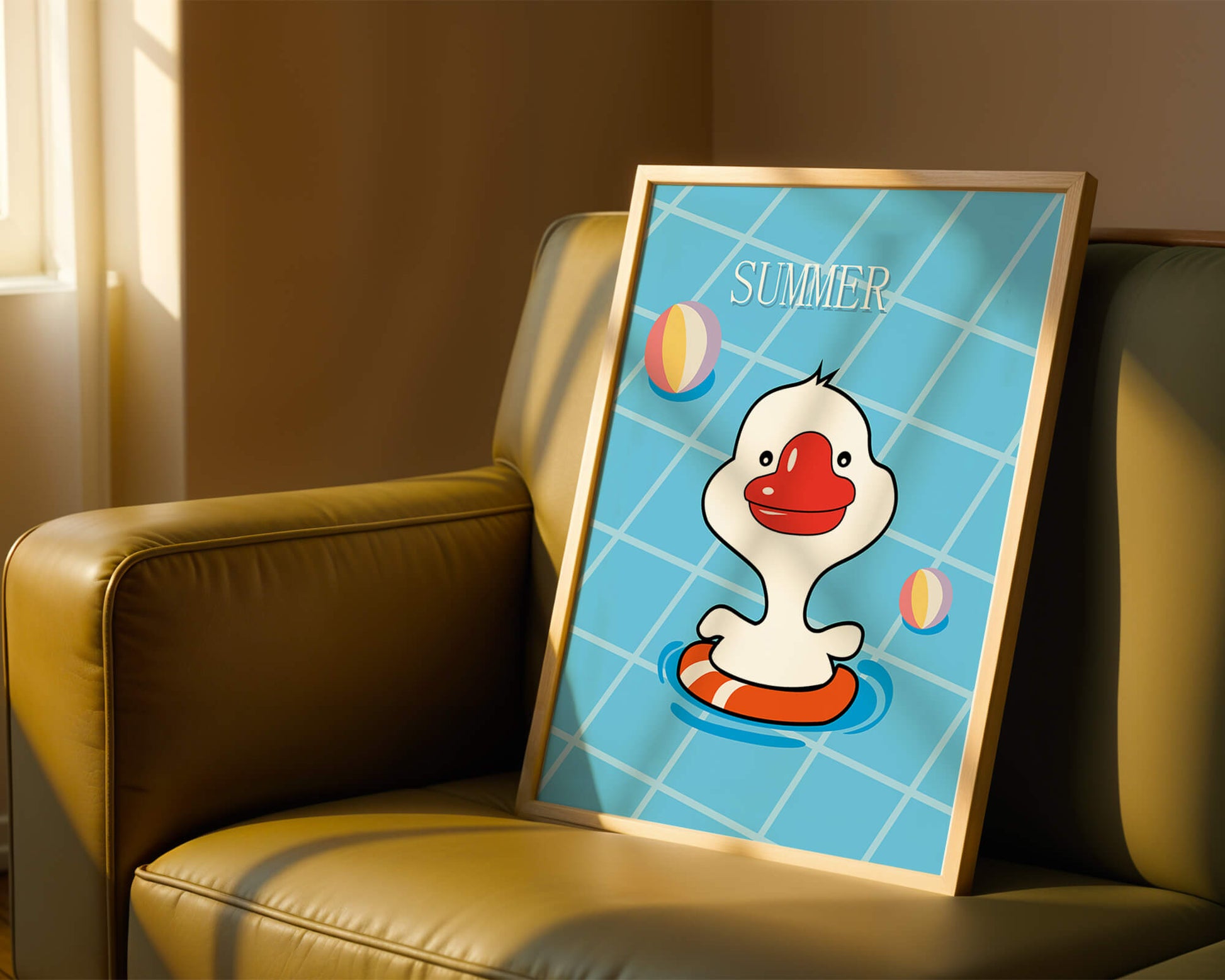 Cartoon duck swimming in a pool with summer beach elements