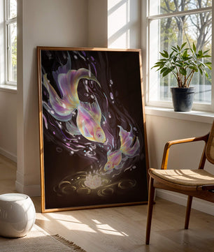 Colorful Koi Fish in a Dreamlike Underwater Scene with Illuminated Elements