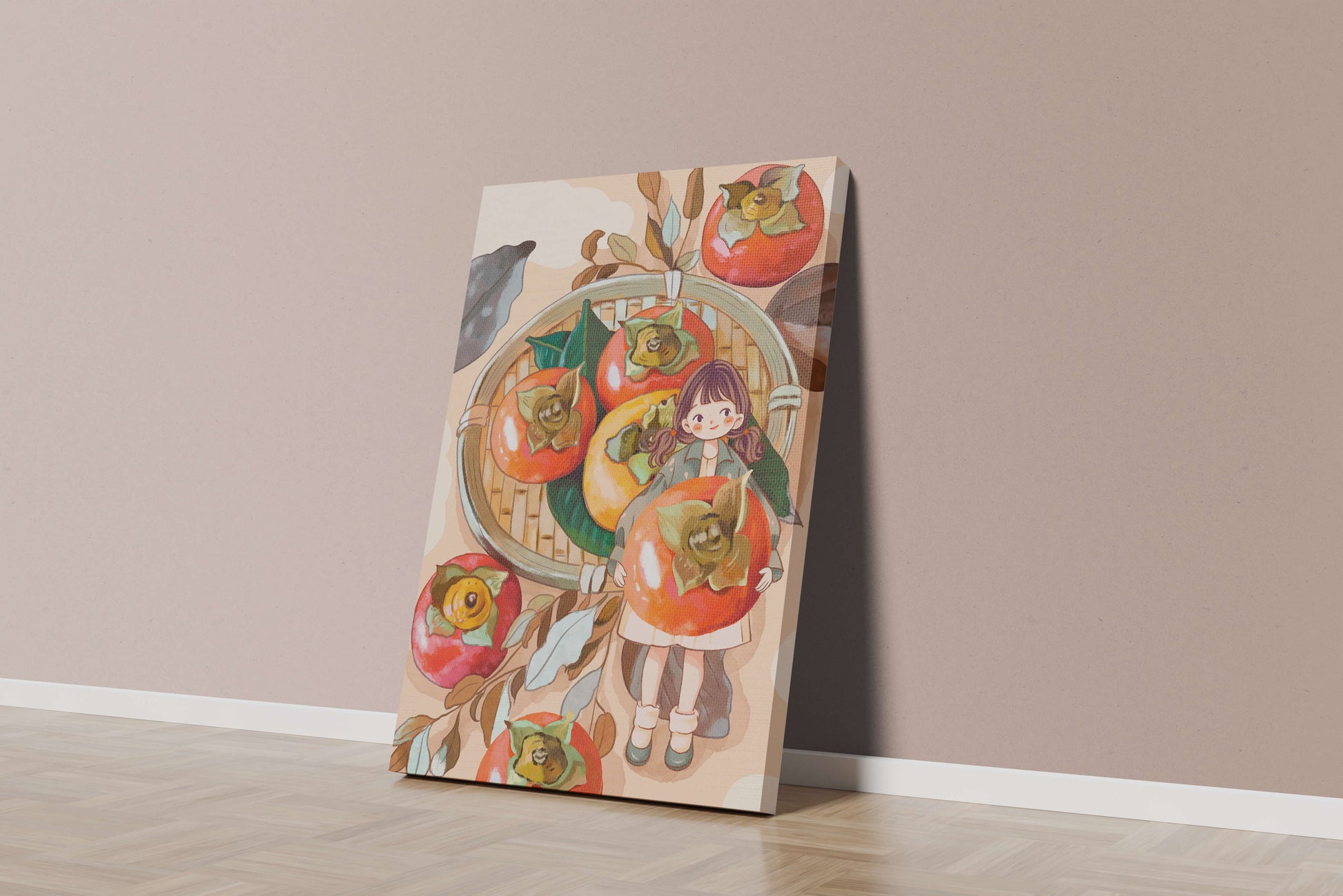 Joven sosteniendo un dátil en una escena de cosecha caprichosa