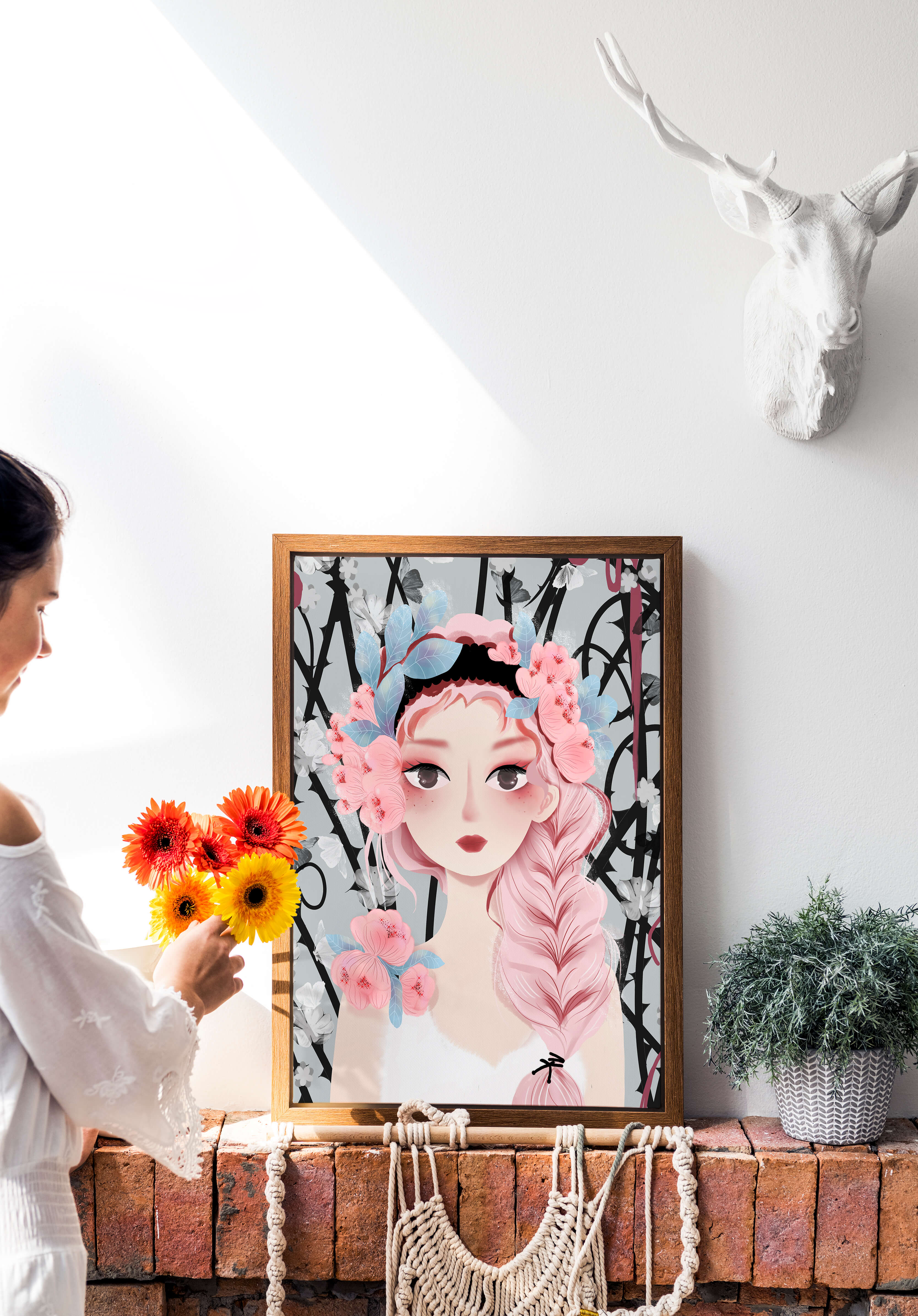 Whimsical illustration of a girl with pink hair and floral crown