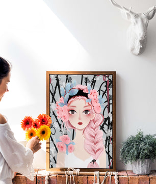 Ilustración caprichosa de una chica con cabello rosa y corona floral