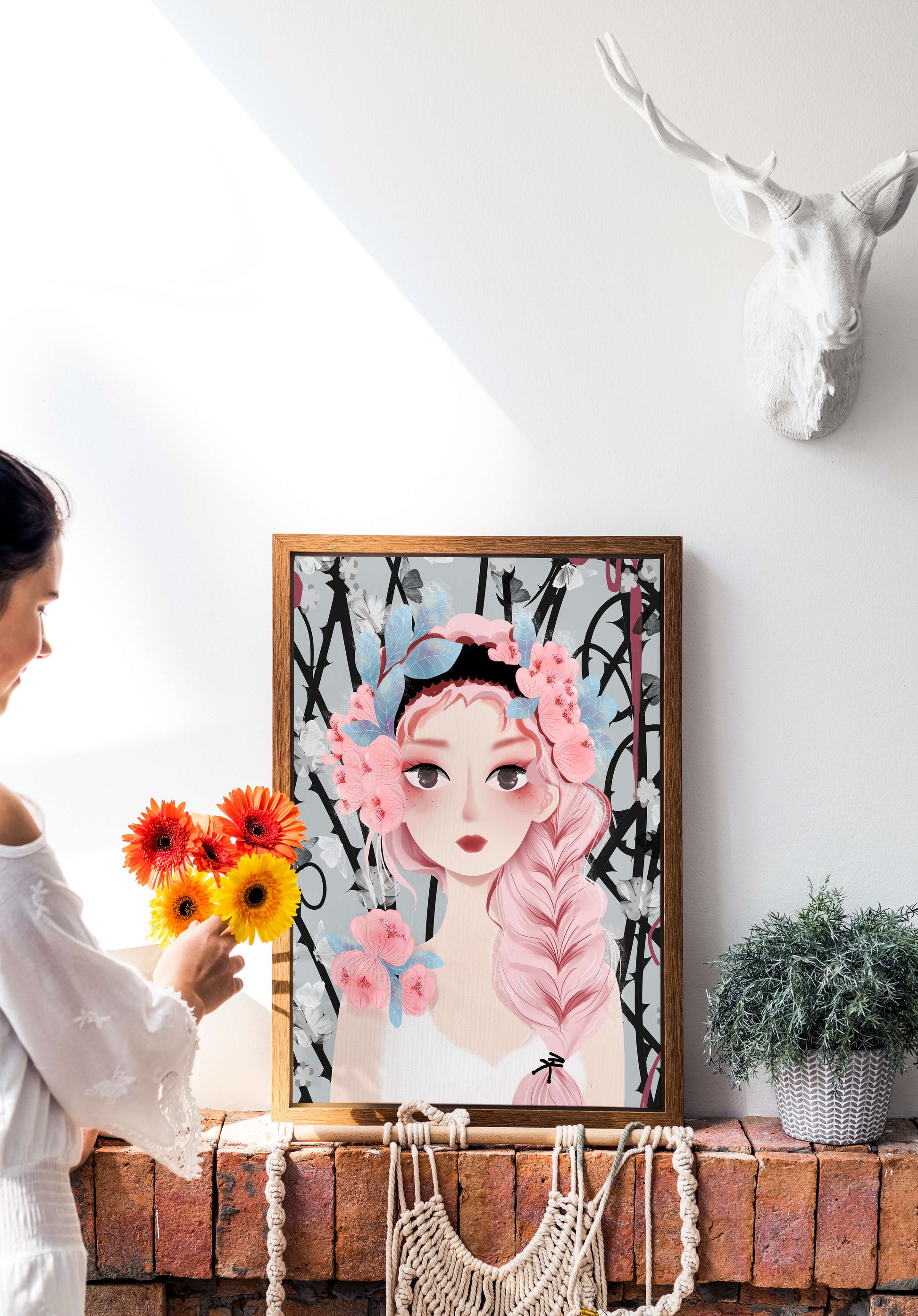 Whimsical illustration of a girl with pink hair and floral crown
