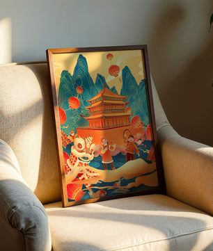 Traditionelles chinesisches Fest mit Laternen und Löwentanz