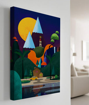 Paisaje moderno colorido con elementos geométricos y una casa junto al lago bajo el cielo nocturno