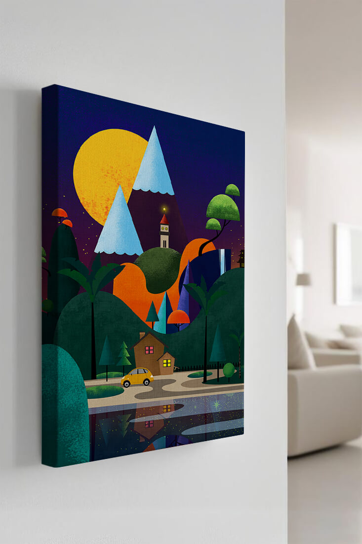Colorful Modern Landscape with Geometric Elements and A House by The Lake Under The Night Sky