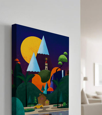 Colorful Modern Landscape with Geometric Elements and A House by The Lake Under The Night Sky