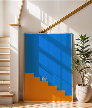 Gato minimalista en escaleras con fondo azul