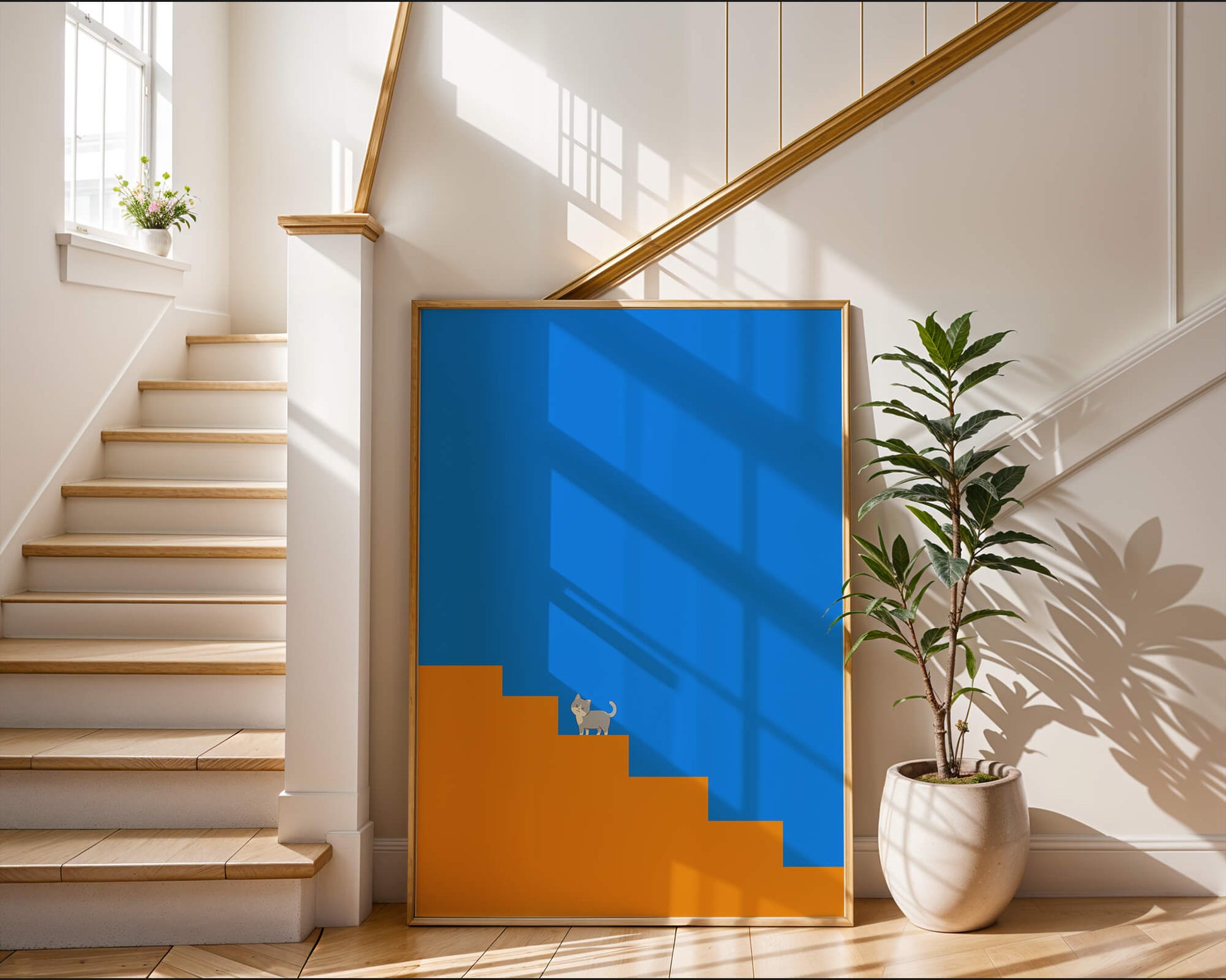 Minimalistic cat on stairs with blue background