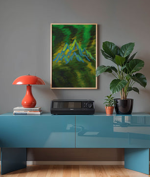 Abstract mountain landscape with vibrant colors and geometric lines