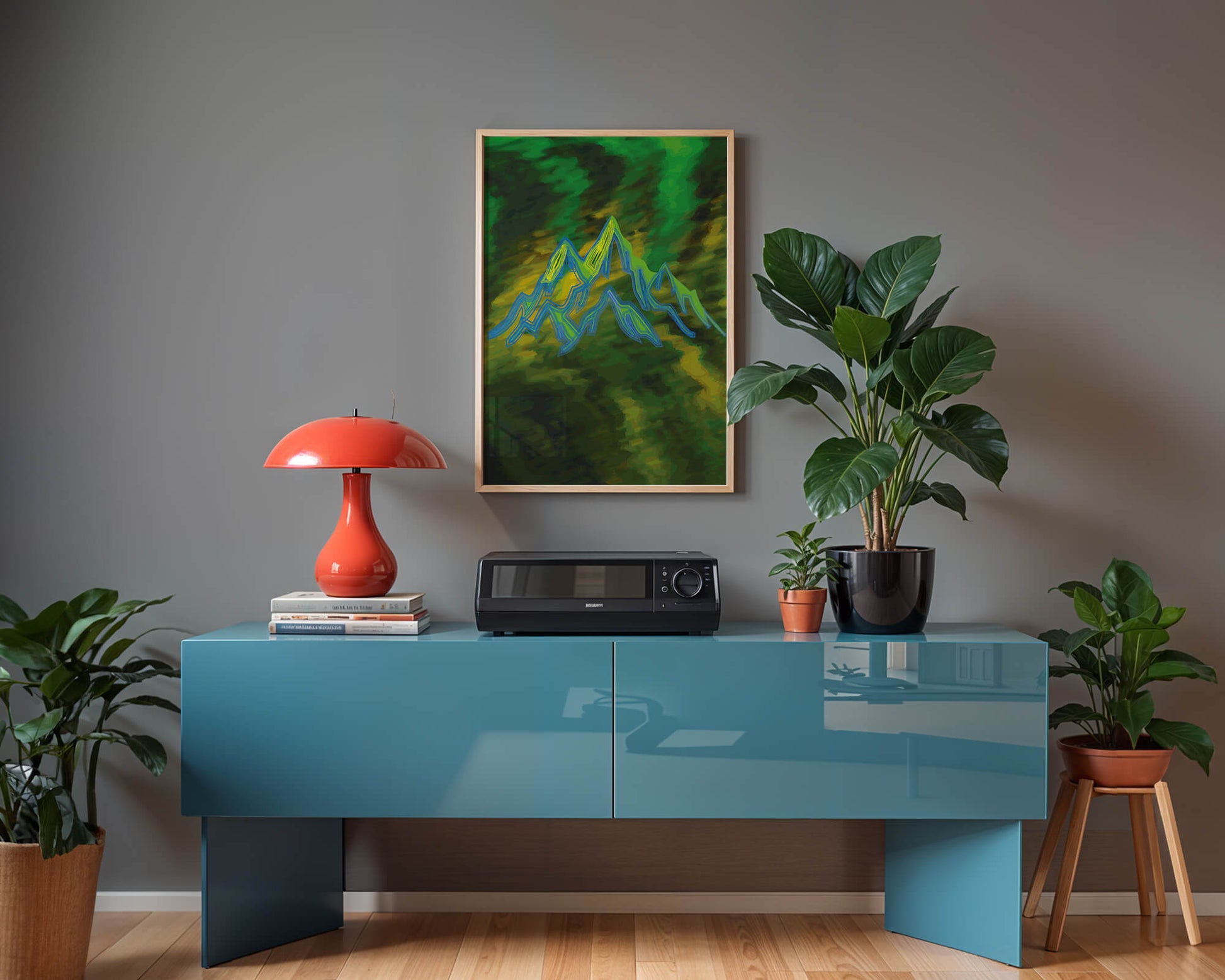 Abstract mountain landscape with vibrant colors and geometric lines