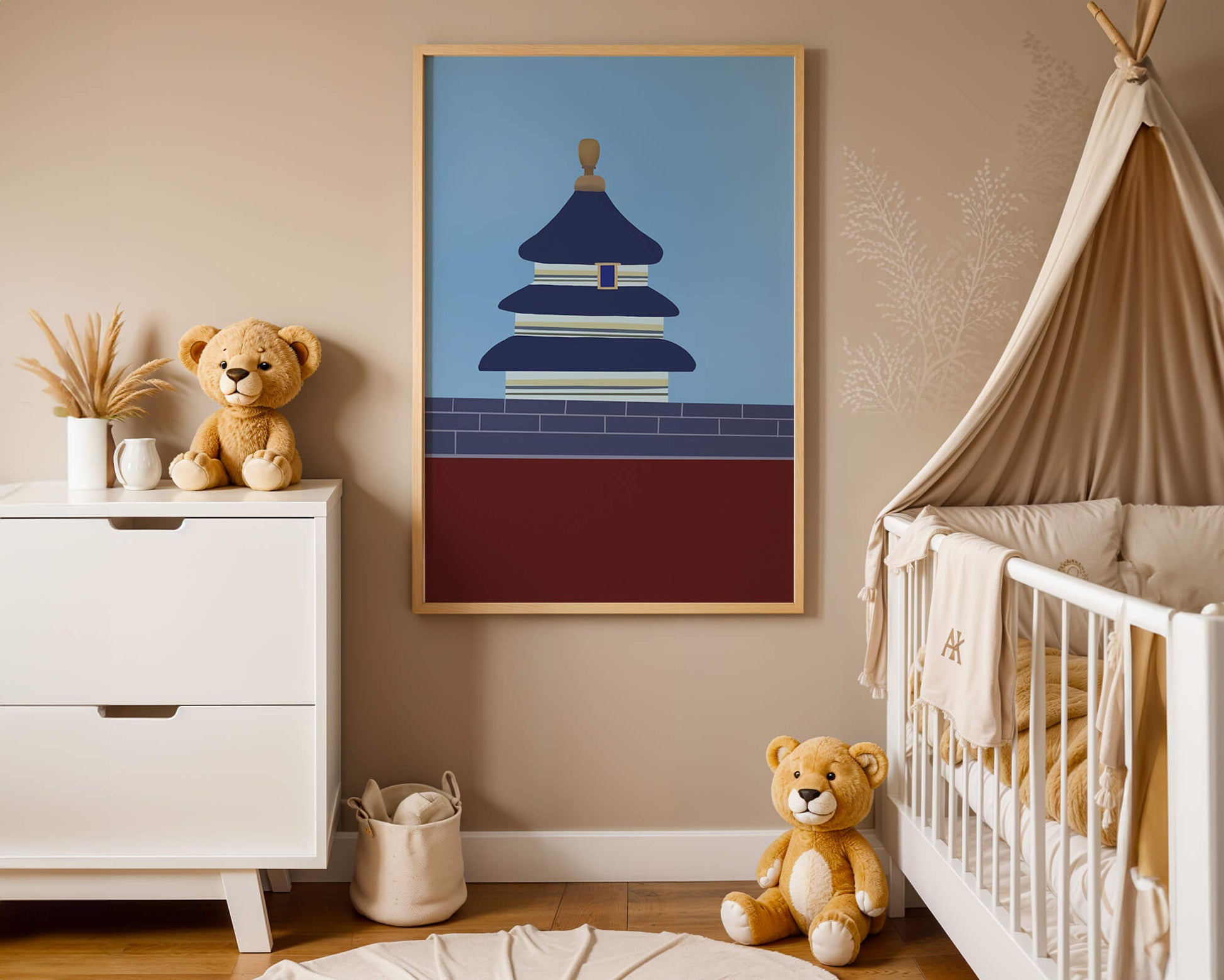 Ilustración abstracta del Templo del Cielo con detalles azules y dorados