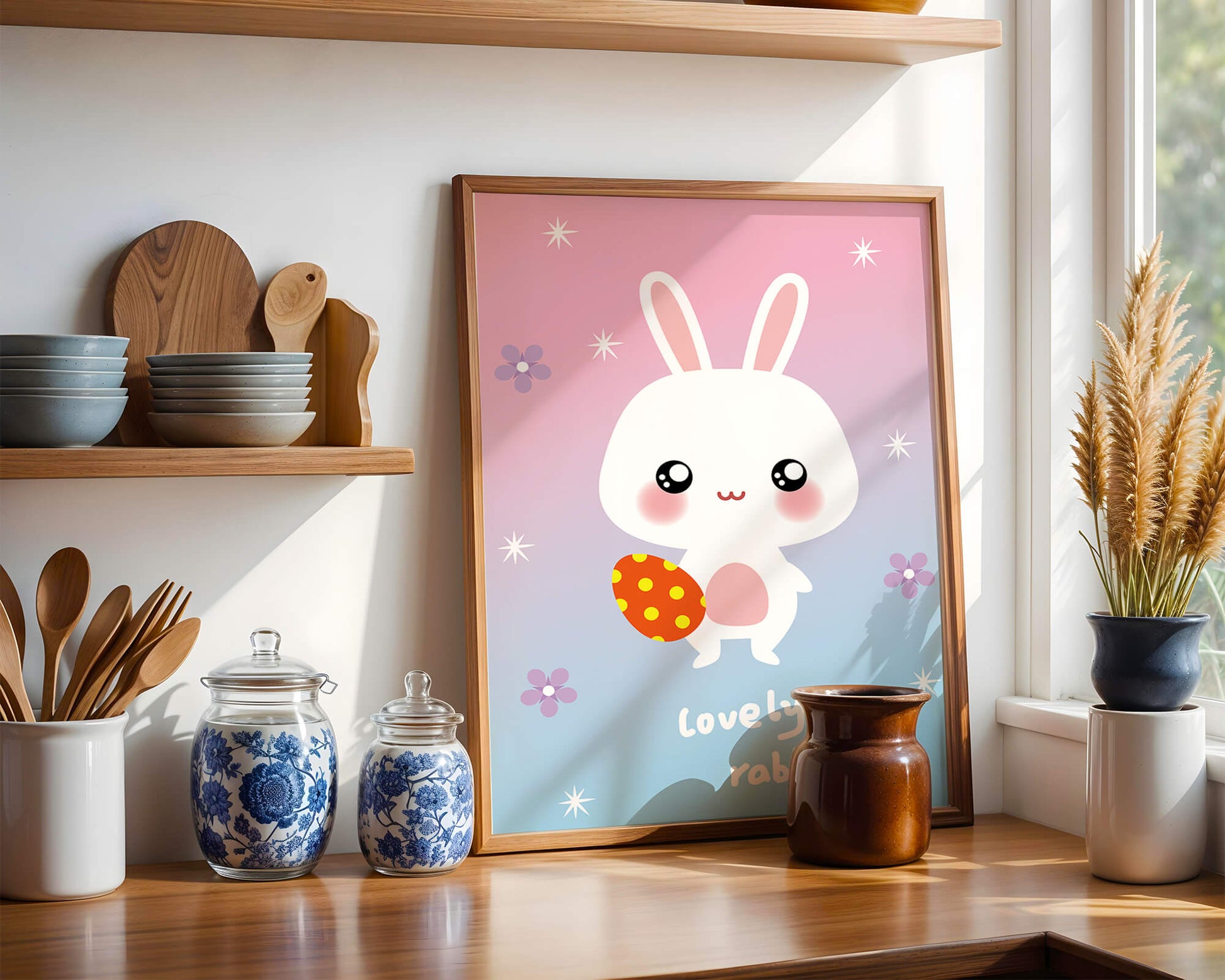 Adorable rabbit illustration with a colorful egg on a pastel background