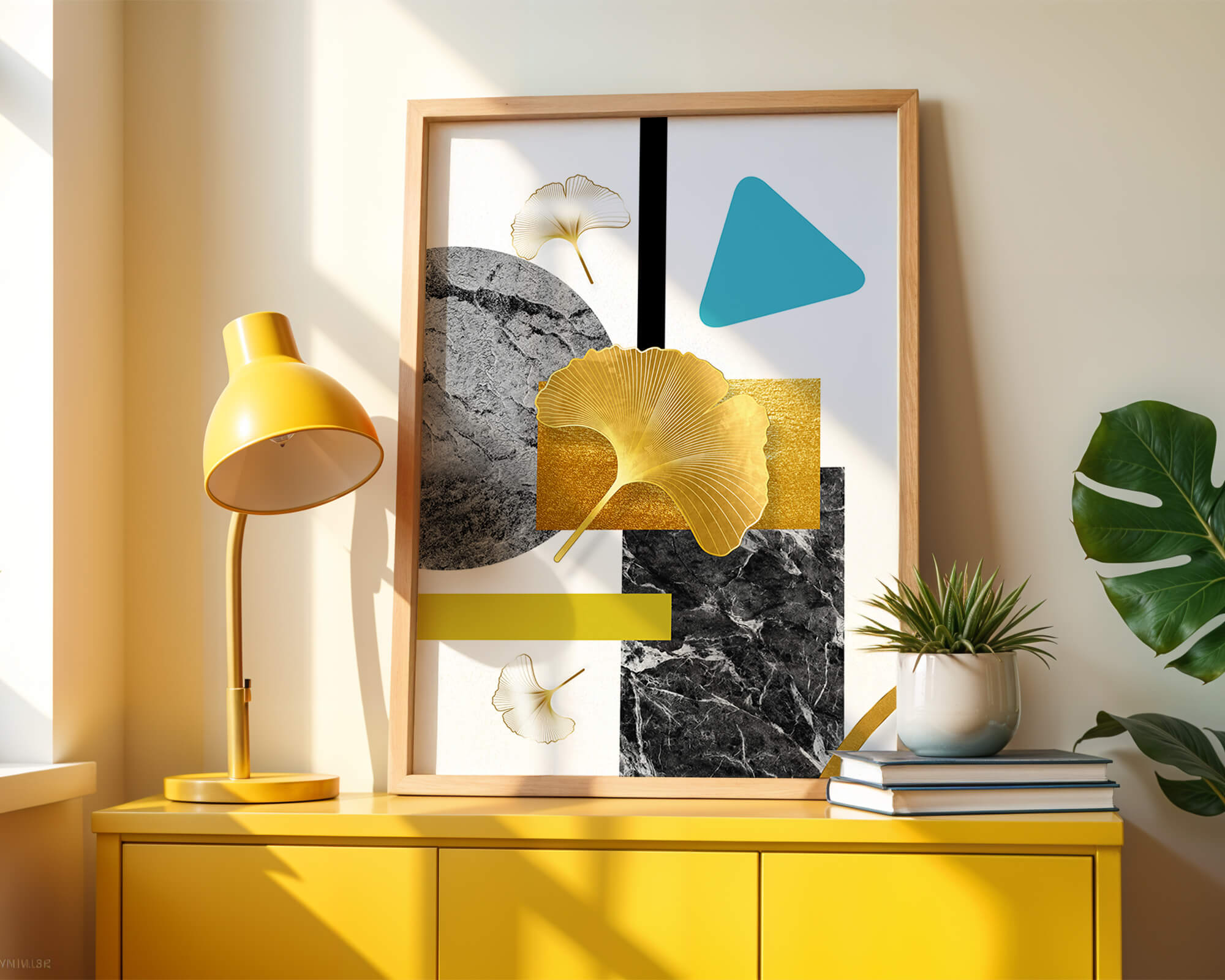 Geometric Abstract Composition with Gold Ginkgo Leaves