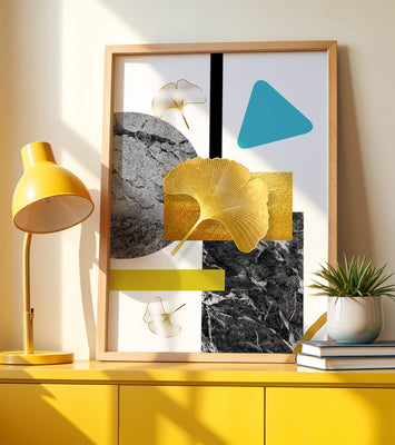 Geometric Abstract Composition with Gold Ginkgo Leaves