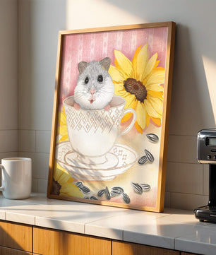Hámster adorable en una taza de té con girasoles y semillas