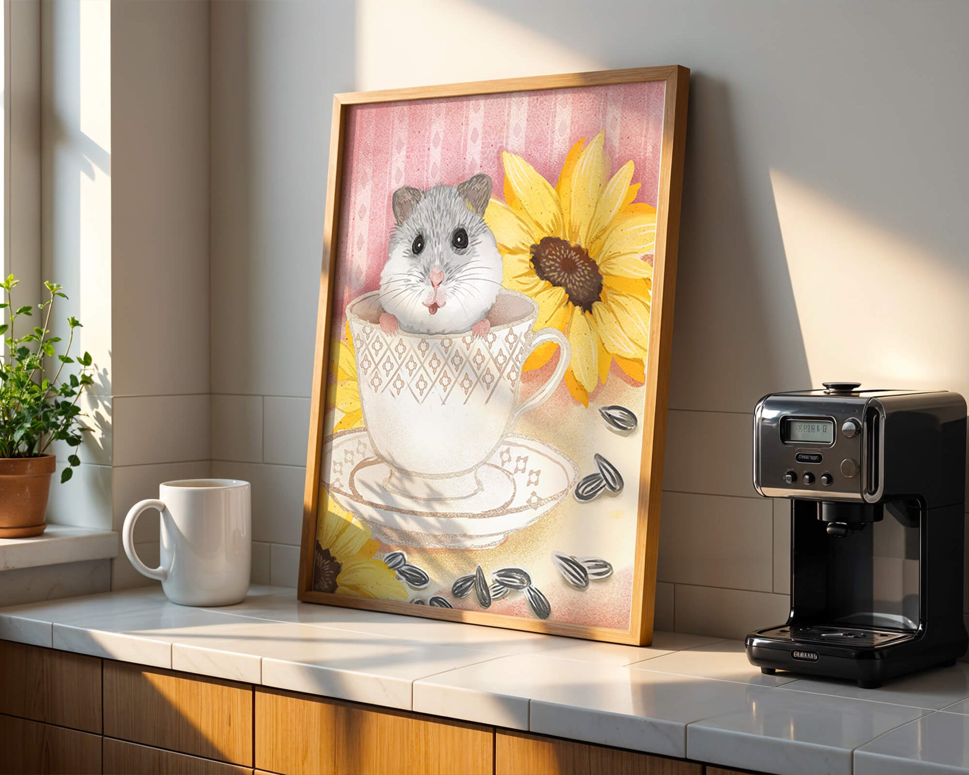 Adorable hamster in teacup with sunflowers and seeds