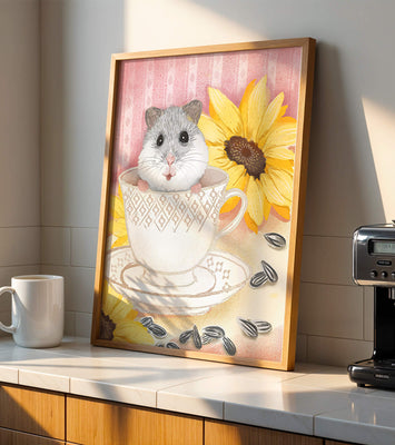 Adorable hamster in teacup with sunflowers and seeds