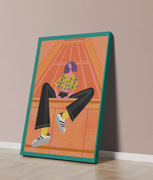 Stylish woman sitting in a vibrant geometric setting