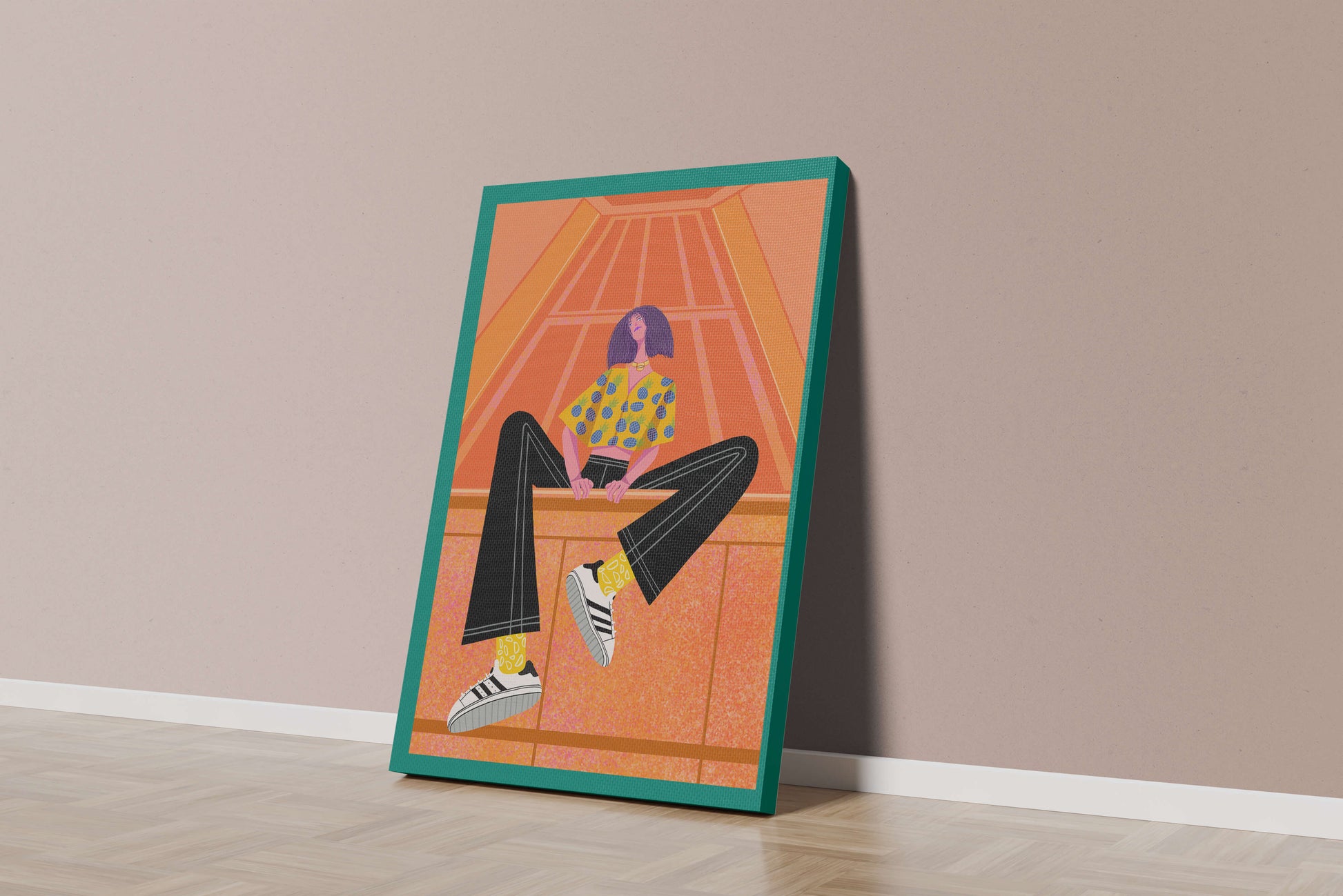 Stylish woman sitting in a vibrant geometric setting