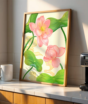 Illustration of pink lotus flowers with green leaves on a pastel background