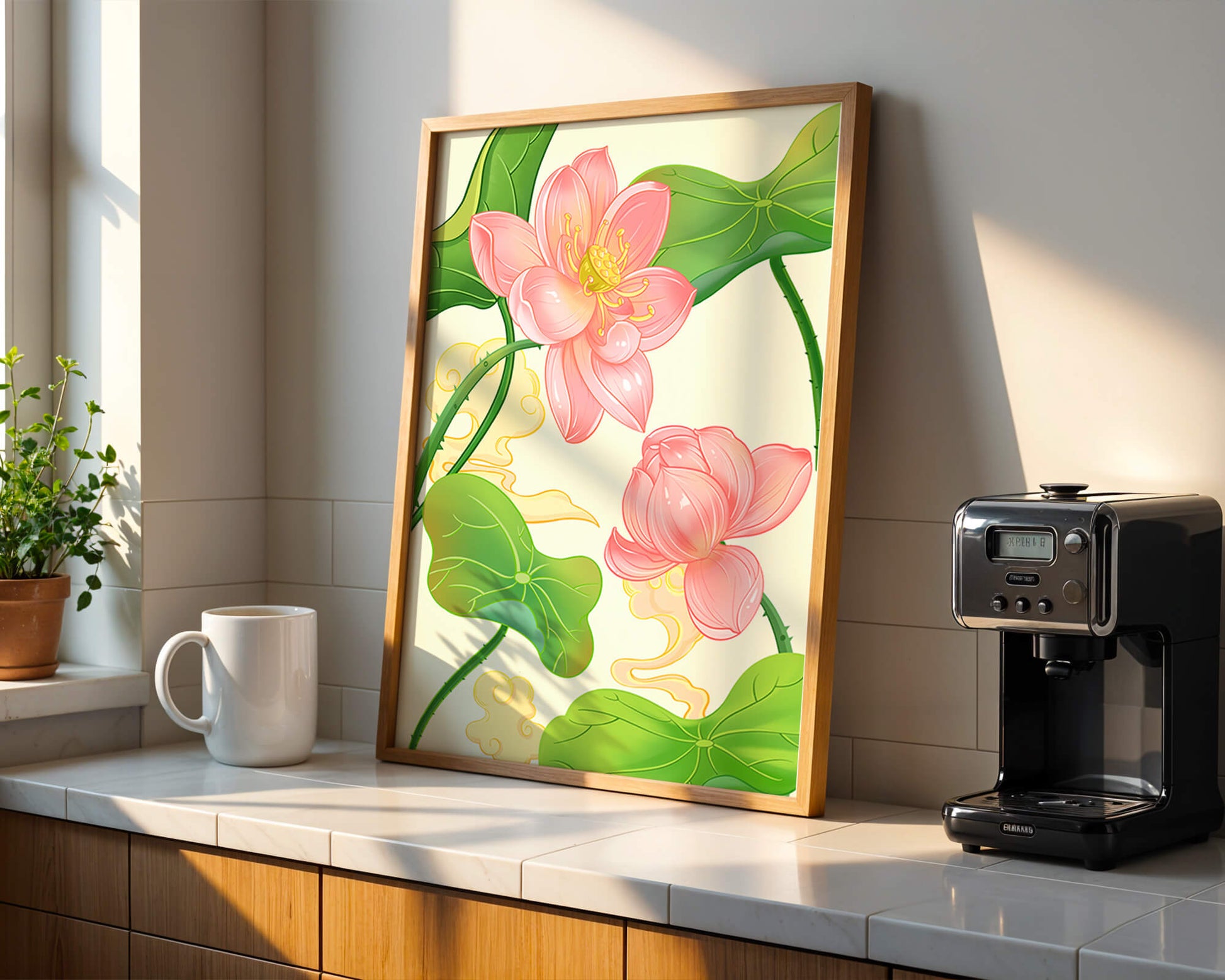 Illustration of pink lotus flowers with green leaves on a pastel background