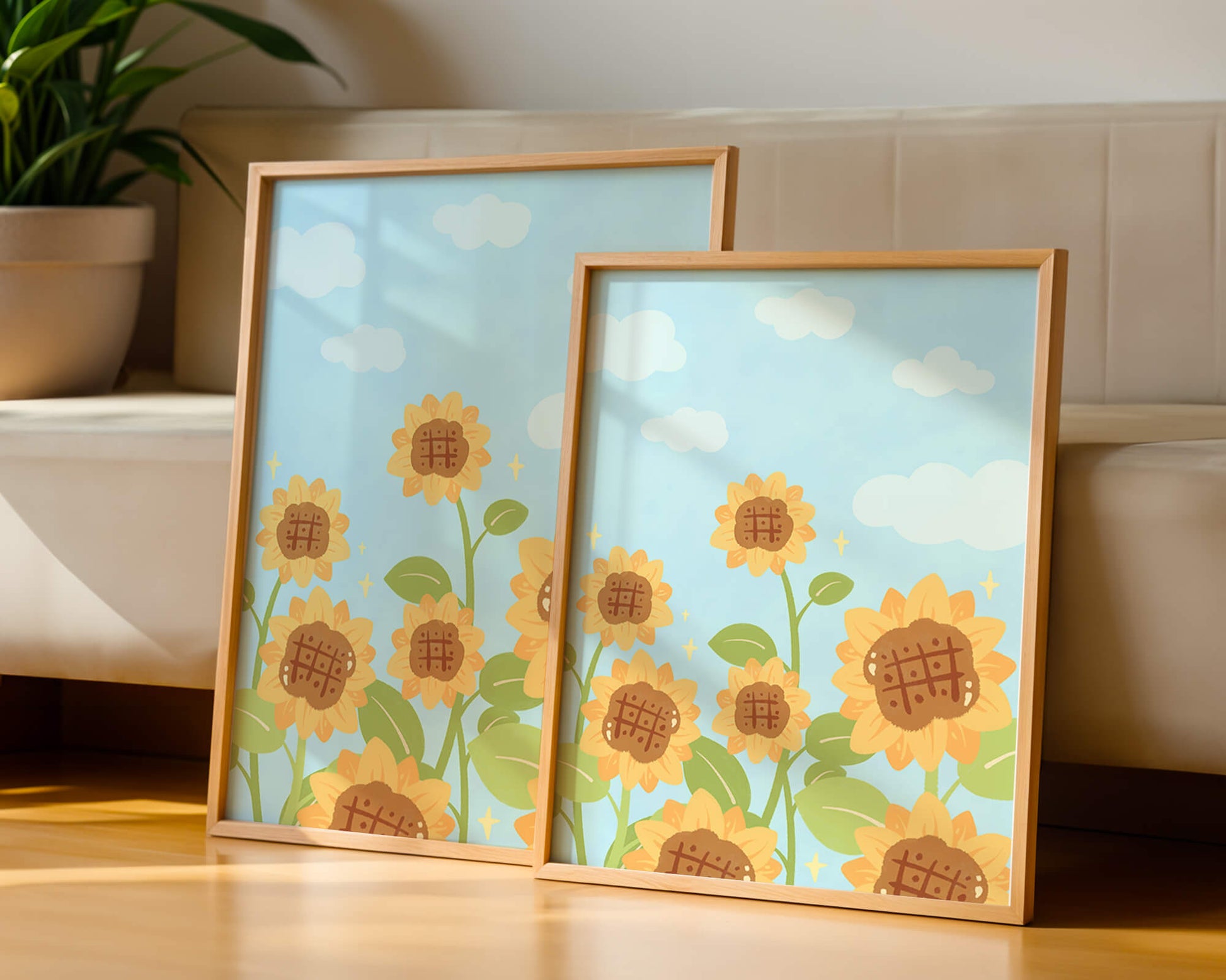 Sunflowers Under Blue Sky with Floating Clouds