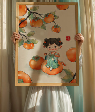 Illustration of a girl sitting on a persimmon surrounded by fruit and leaves