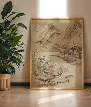 Paisaje sereno con montañas y río en estilo tradicional
