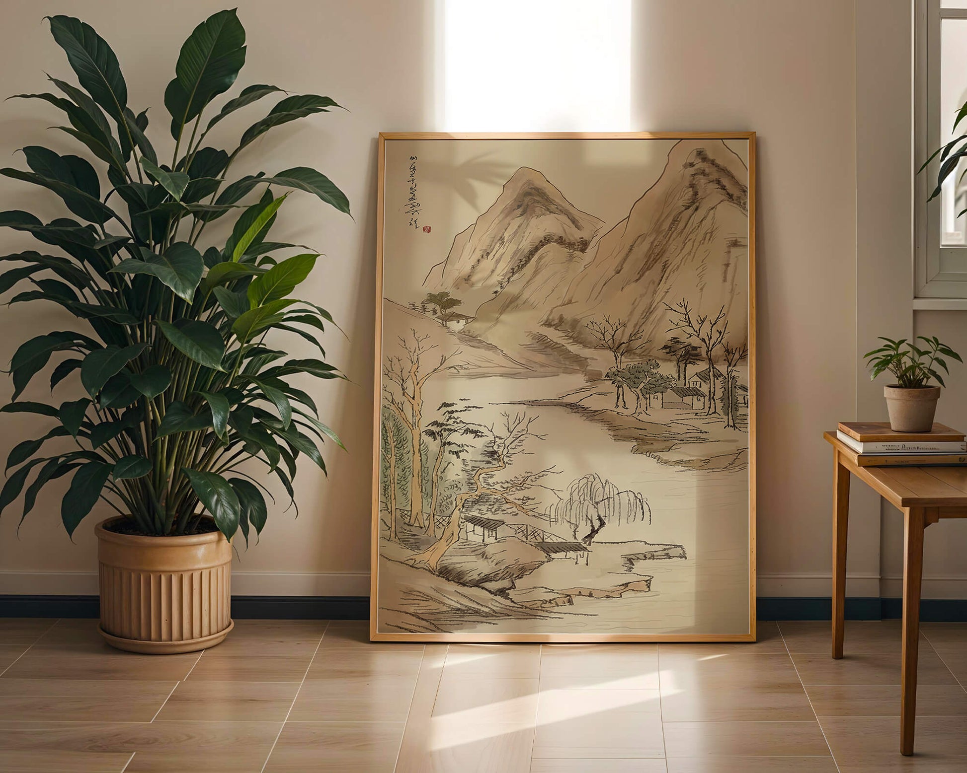 Paisaje sereno con montañas y río en estilo tradicional