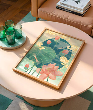 Ruhiges orientalisches Lotus-Design mit Libellen und Wolken