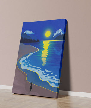 Plage au clair de lune avec montagnes et reflets sous le ciel nocturne