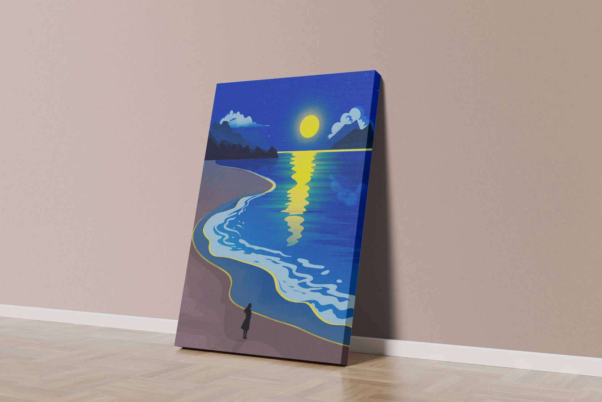 Moonlit Beach with Mountains and Reflections Under Night Sky