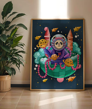 Whimsical space panda illustration with planets and stars