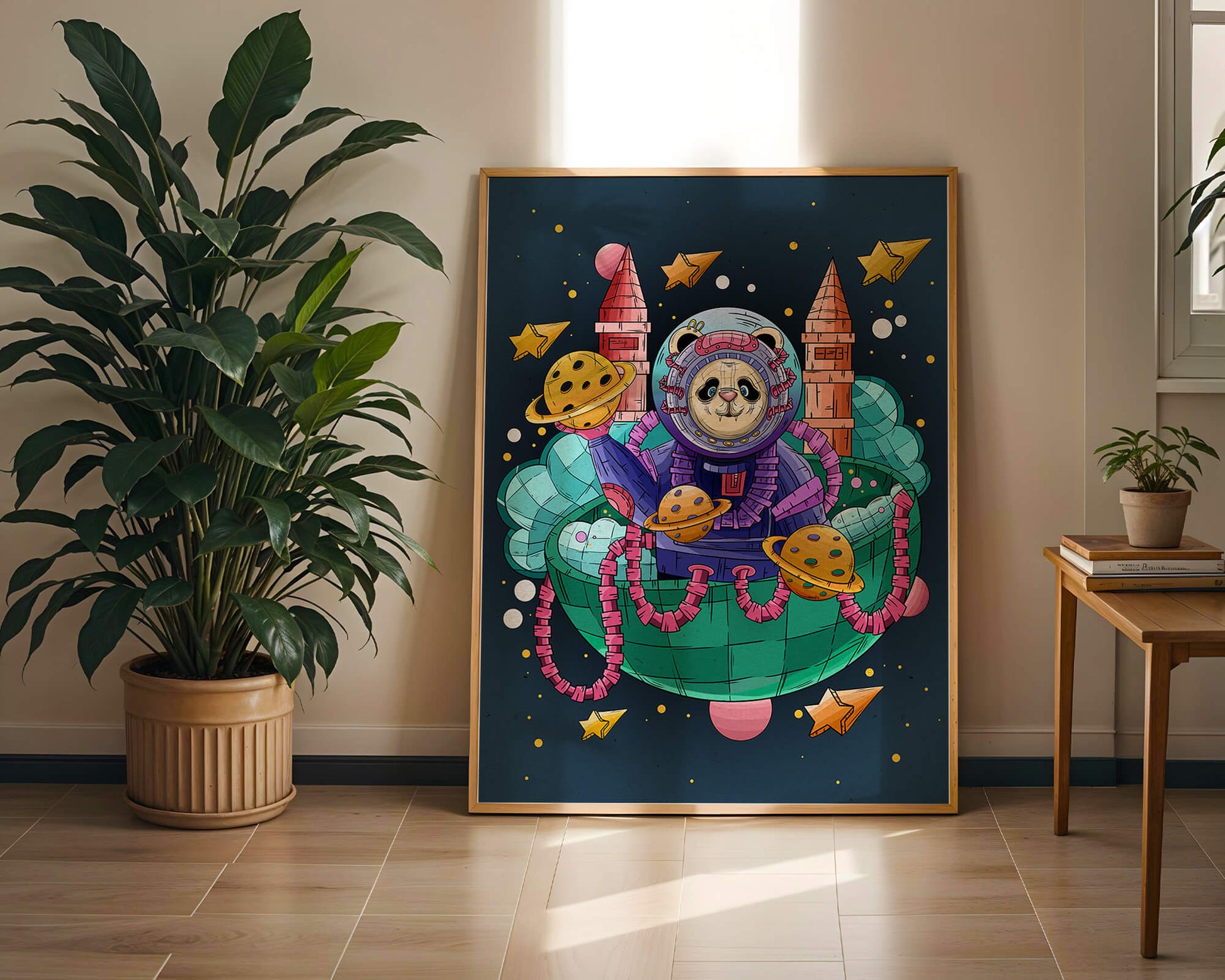 Whimsical space panda illustration with planets and stars