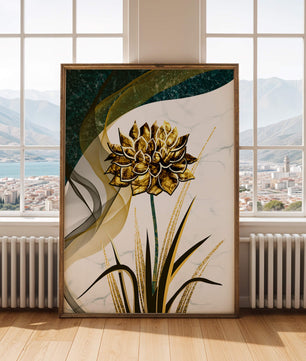 Golden flower artwork with abstract background for contemporary decor