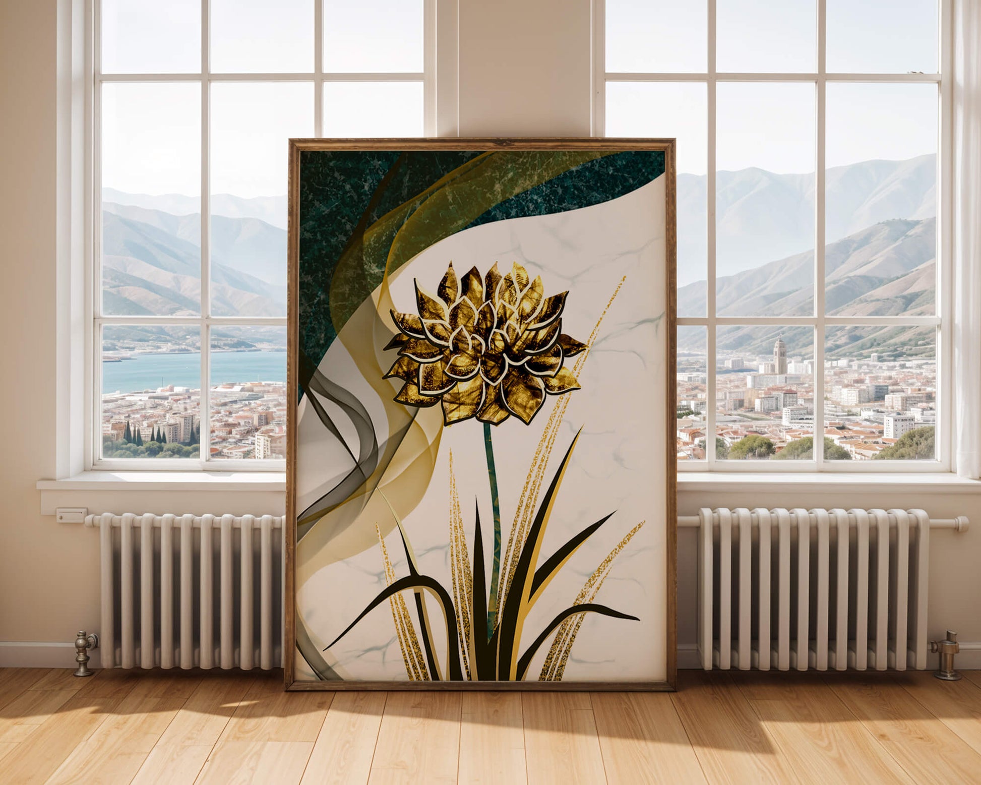 Golden flower artwork with abstract background for contemporary decor