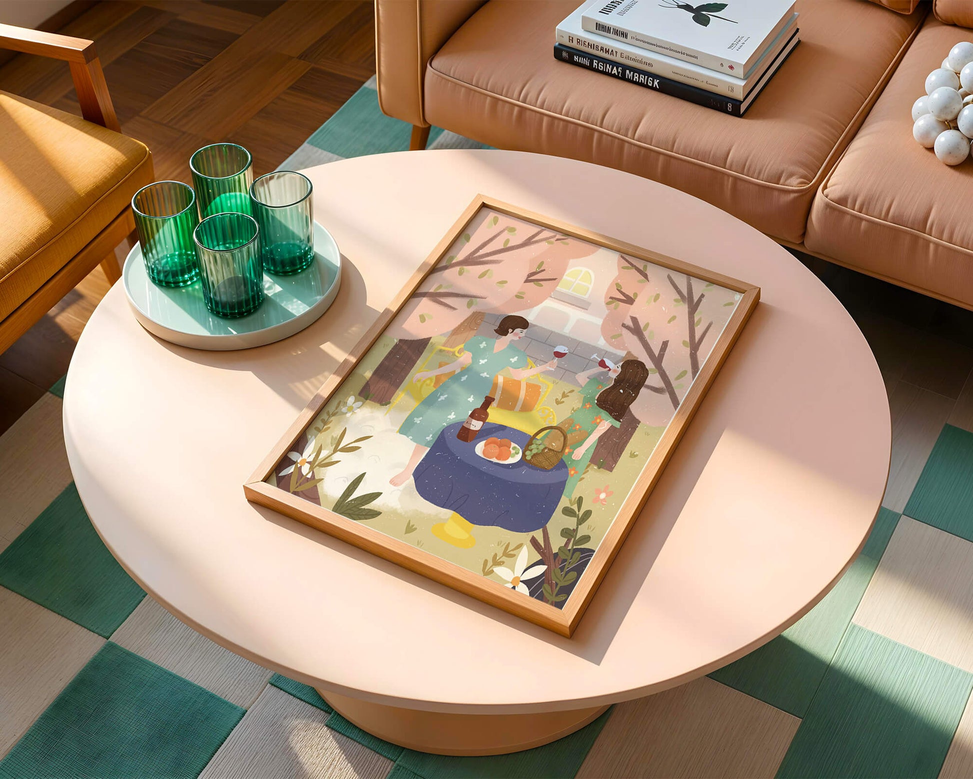 Reunión primaveral en el jardín con vino y frutas