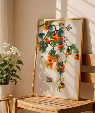 Branch with vibrant persimmons and birds illustration