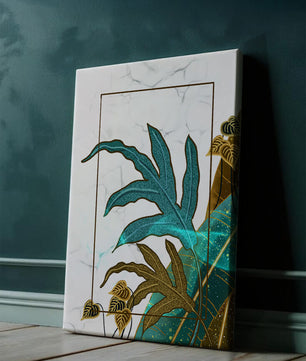 Abstrakte botanische Kunst mit blauen und goldenen Blattmustern