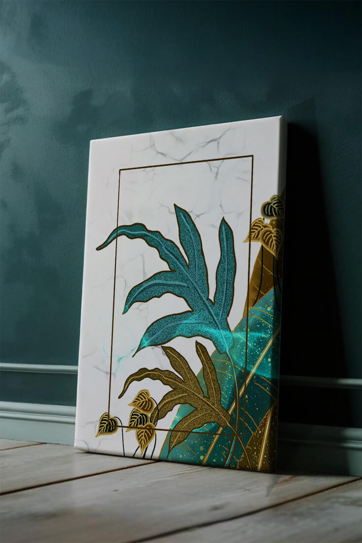 Abstract botanical art with blue and gold leafy designs