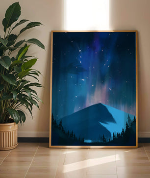 Paisaje montañoso sereno con auroras boreales y bosque oscuro