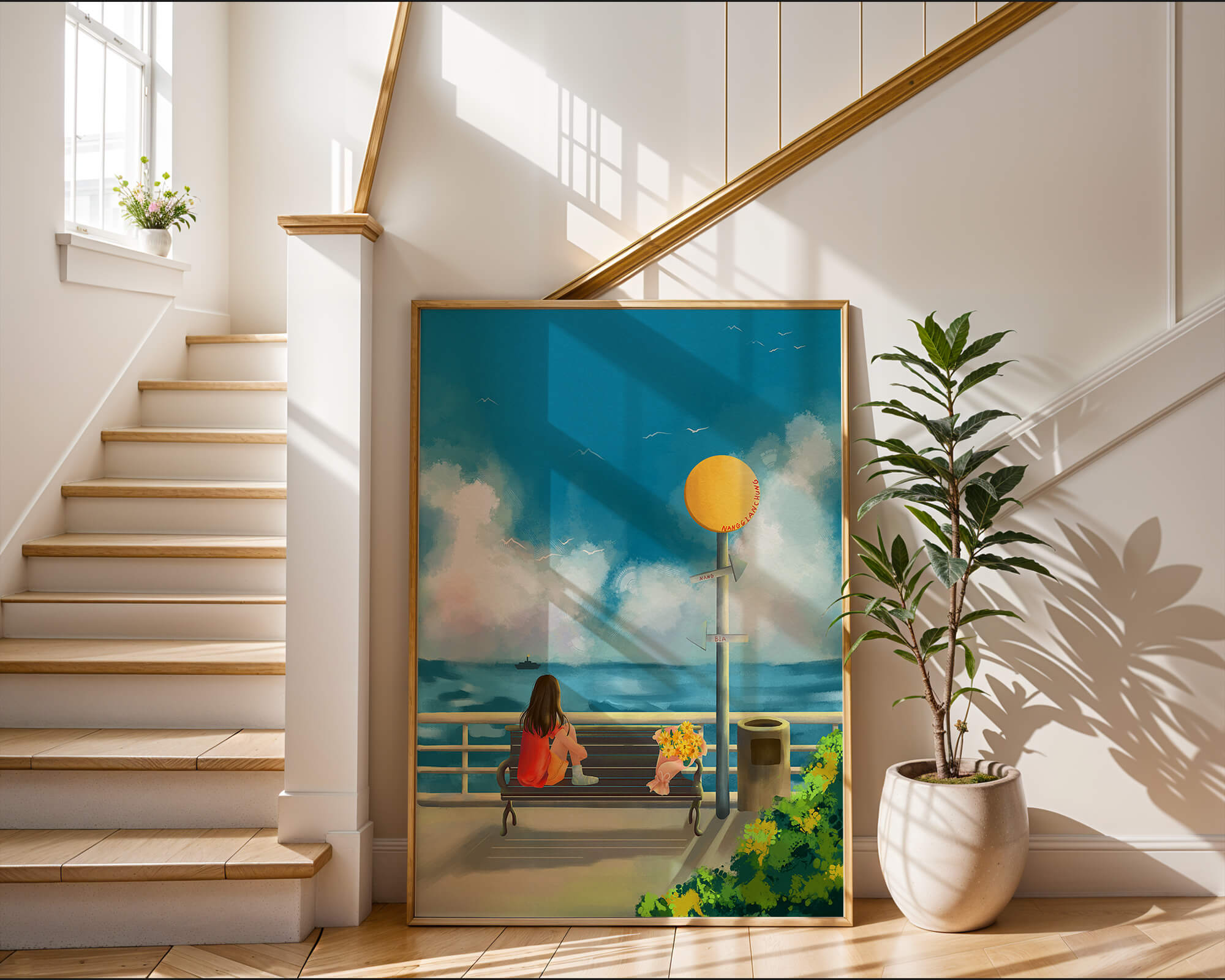 Serene waterfront scene with woman on bench facing the sea