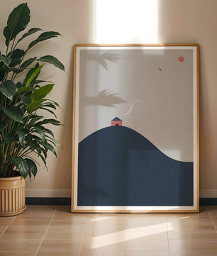 Minimalistische Landschaft mit Haus auf einem Hügel und Sonnenuntergang