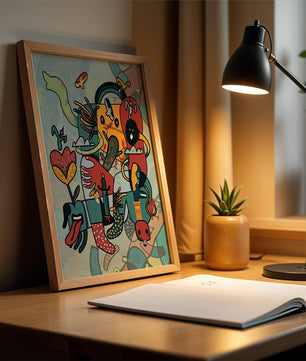 Colorful Abstract Surrealism Art with Intricate Details and Playful Characters