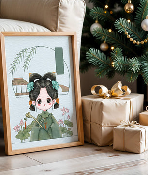 Charming illustration of a cute character in traditional Asian attire with floral elements